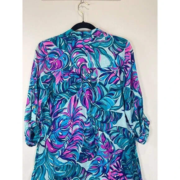 Lilly Pulitzer Dress Blue Natalie Shirtdress Cover Up Mini Floral Beach 2XS - Picture 9 of 11